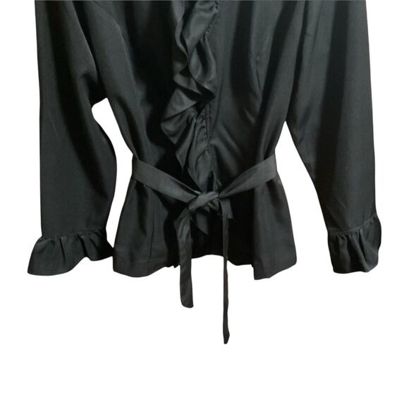 Donna Moore Blouse SZ M Black Light Weight Classy Dressy Ruffle Trim Waist Tie - Picture 8 of 9
